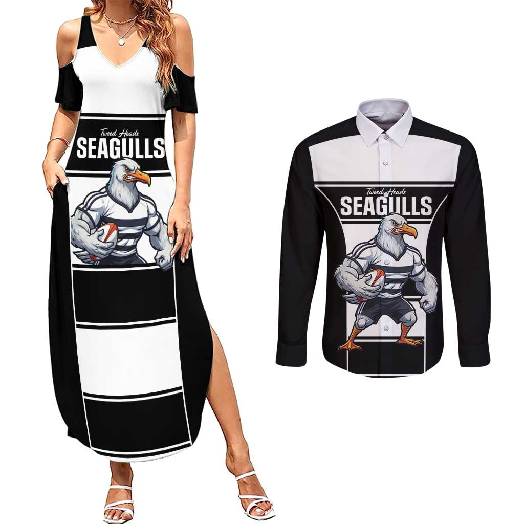 Tweed Heads Rugby Custom Couples Matching Summer Maxi Dress and Long Sleeve Button Shirt Go Seagulls Mascot Sporty Style - Aussie Hoodie