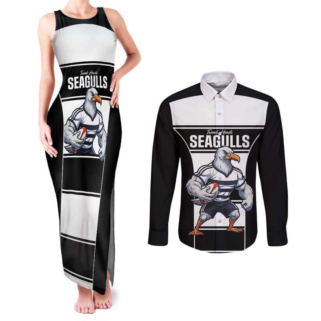 Tweed Heads Rugby Custom Couples Matching Tank Maxi Dress and Long Sleeve Button Shirt Go Seagulls Mascot Sporty Style - Aussie Hoodie