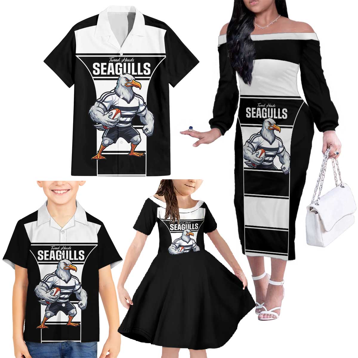 Tweed Heads Rugby Custom Family Matching Off The Shoulder Long Sleeve Dress and Hawaiian Shirt Go Seagulls Mascot Sporty Style - Aussie Hoodie