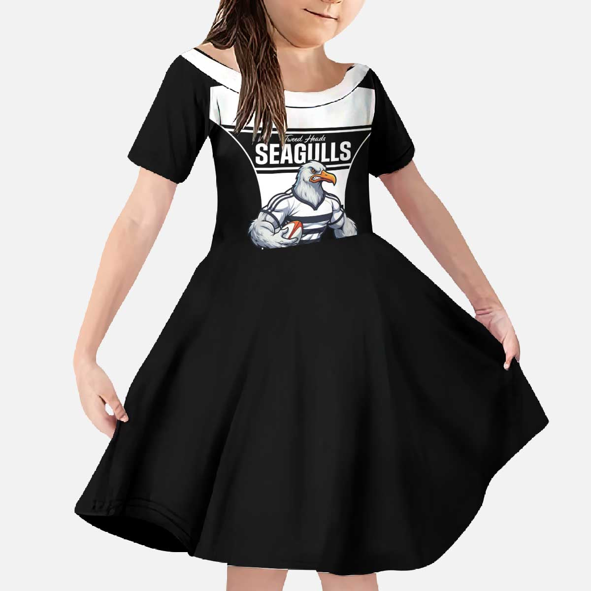Tweed Heads Rugby Custom Family Matching Off The Shoulder Long Sleeve Dress and Hawaiian Shirt Go Seagulls Mascot Sporty Style - Aussie Hoodie