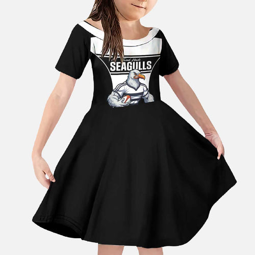 Tweed Heads Rugby Custom Family Matching Off The Shoulder Long Sleeve Dress and Hawaiian Shirt Go Seagulls Mascot Sporty Style - Aussie Hoodie