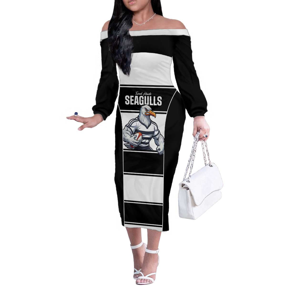 Tweed Heads Rugby Custom Family Matching Off The Shoulder Long Sleeve Dress and Hawaiian Shirt Go Seagulls Mascot Sporty Style - Aussie Hoodie