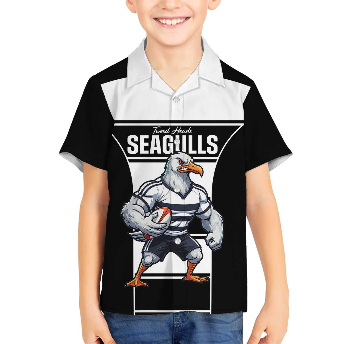 Tweed Heads Rugby Custom Family Matching Off The Shoulder Long Sleeve Dress and Hawaiian Shirt Go Seagulls Mascot Sporty Style - Aussie Hoodie