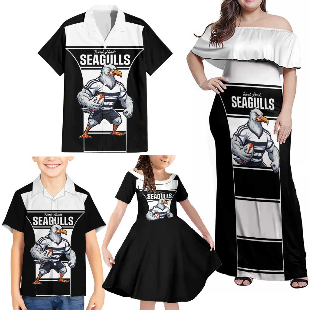 Tweed Heads Rugby Custom Family Matching Off Shoulder Maxi Dress and Hawaiian Shirt Go Seagulls Mascot Sporty Style - Aussie Hoodie
