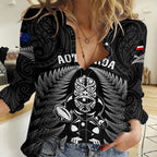 New Zealand Aotearoa Rugby Women Casual Shirt NZ Tiki With Maori Fern World Cup Black Version LT14