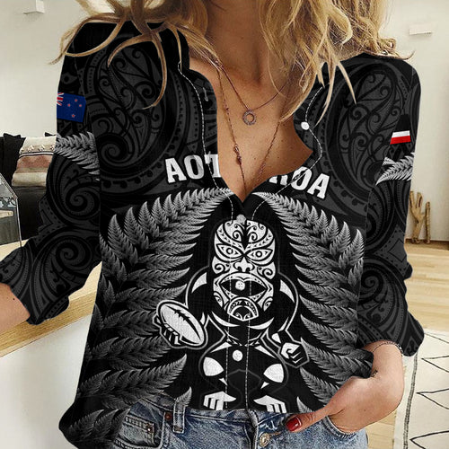 New Zealand Aotearoa Rugby Women Casual Shirt NZ Tiki With Maori Fern World Cup Black Version LT14