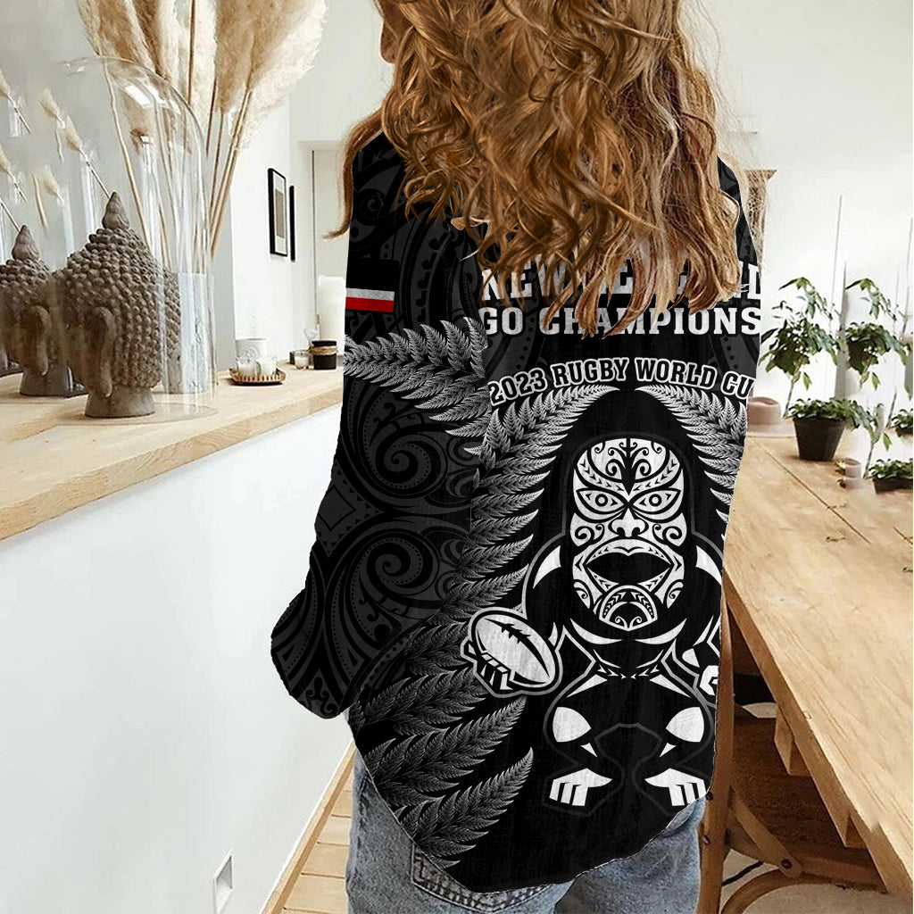 New Zealand Aotearoa Rugby Women Casual Shirt NZ Tiki With Maori Fern World Cup Black Version LT14