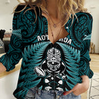 New Zealand Aotearoa Rugby Women Casual Shirt NZ Tiki With Maori Fern World Cup Turquoise Version LT14