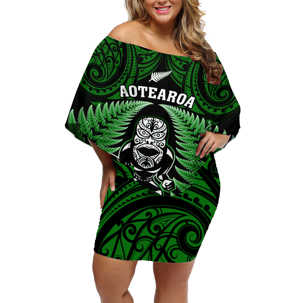 new-zealand-aotearoa-rugby-off-shoulder-short-dress-nz-tiki-with-maori-fern-world-cup-green-version