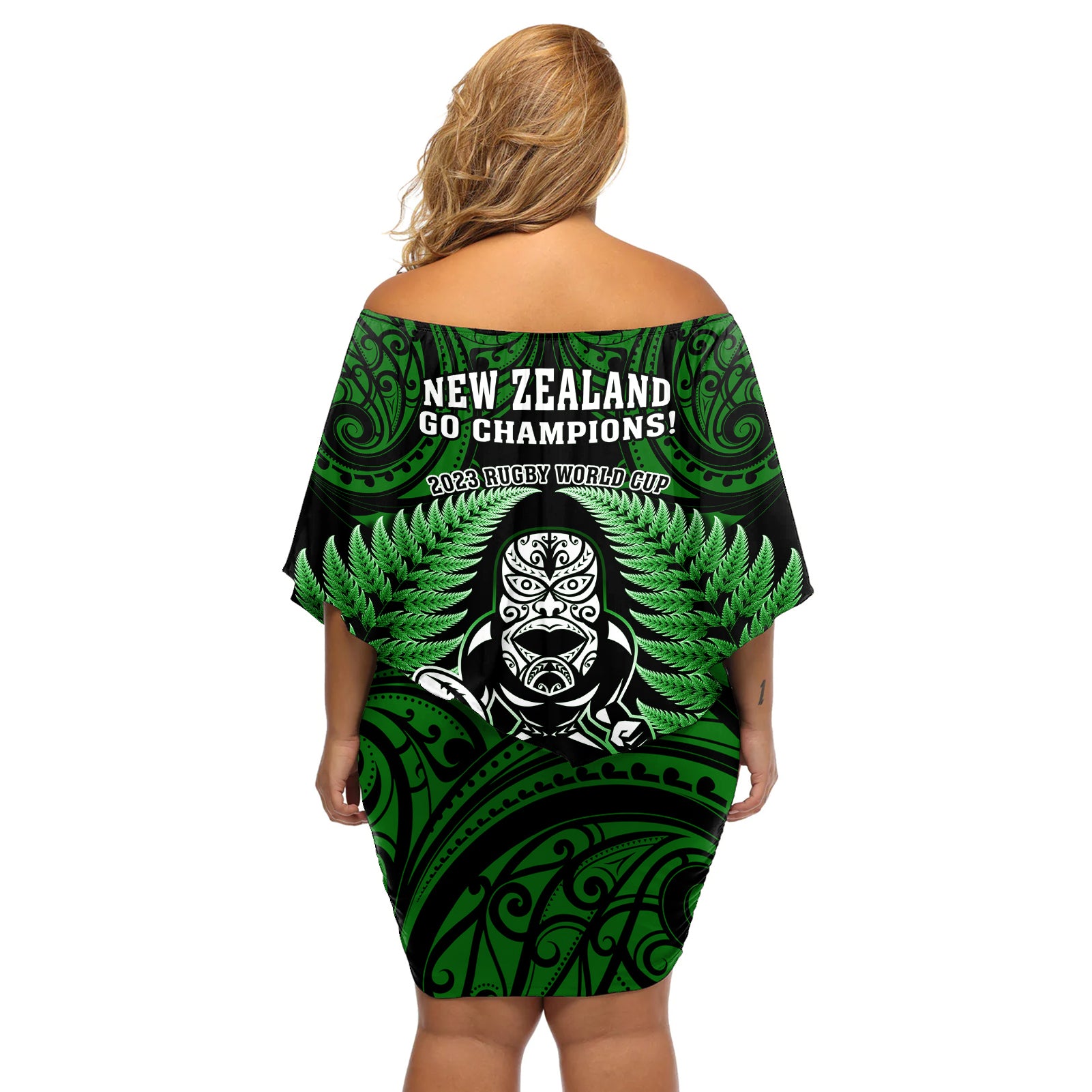 new-zealand-aotearoa-rugby-off-shoulder-short-dress-nz-tiki-with-maori-fern-world-cup-green-version