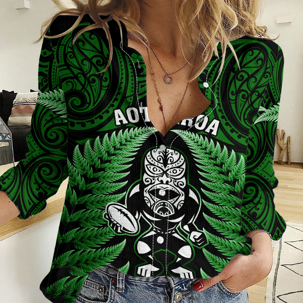 New Zealand Aotearoa Rugby Women Casual Shirt NZ Tiki With Maori Fern World Cup Green Version LT14