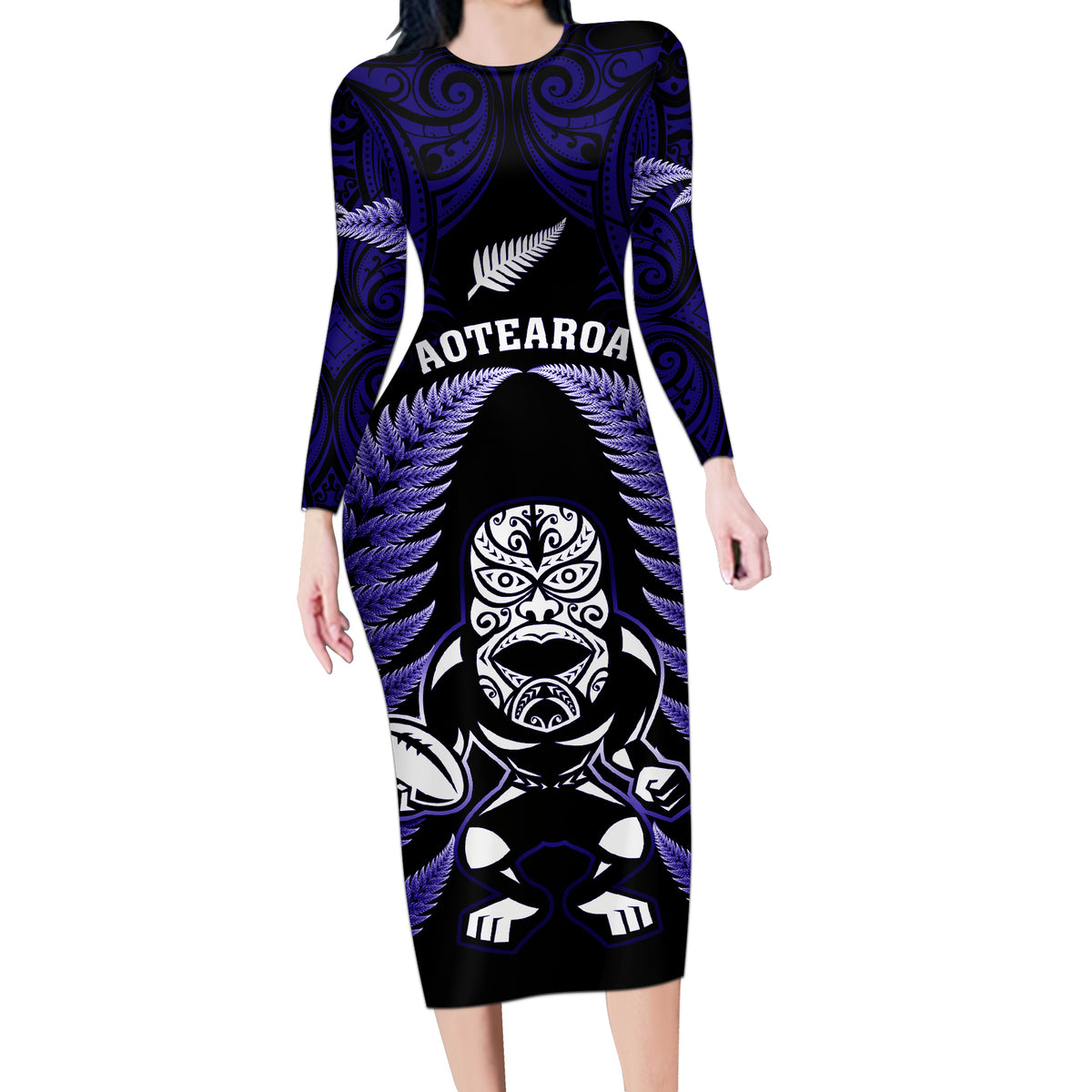 new-zealand-aotearoa-rugby-long-sleeve-bodycon-dress-nz-tiki-with-maori-fern-world-cup-blue-version