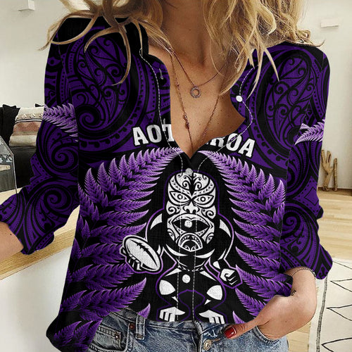 New Zealand Aotearoa Rugby Women Casual Shirt NZ Tiki With Maori Fern World Cup Purple Version LT14