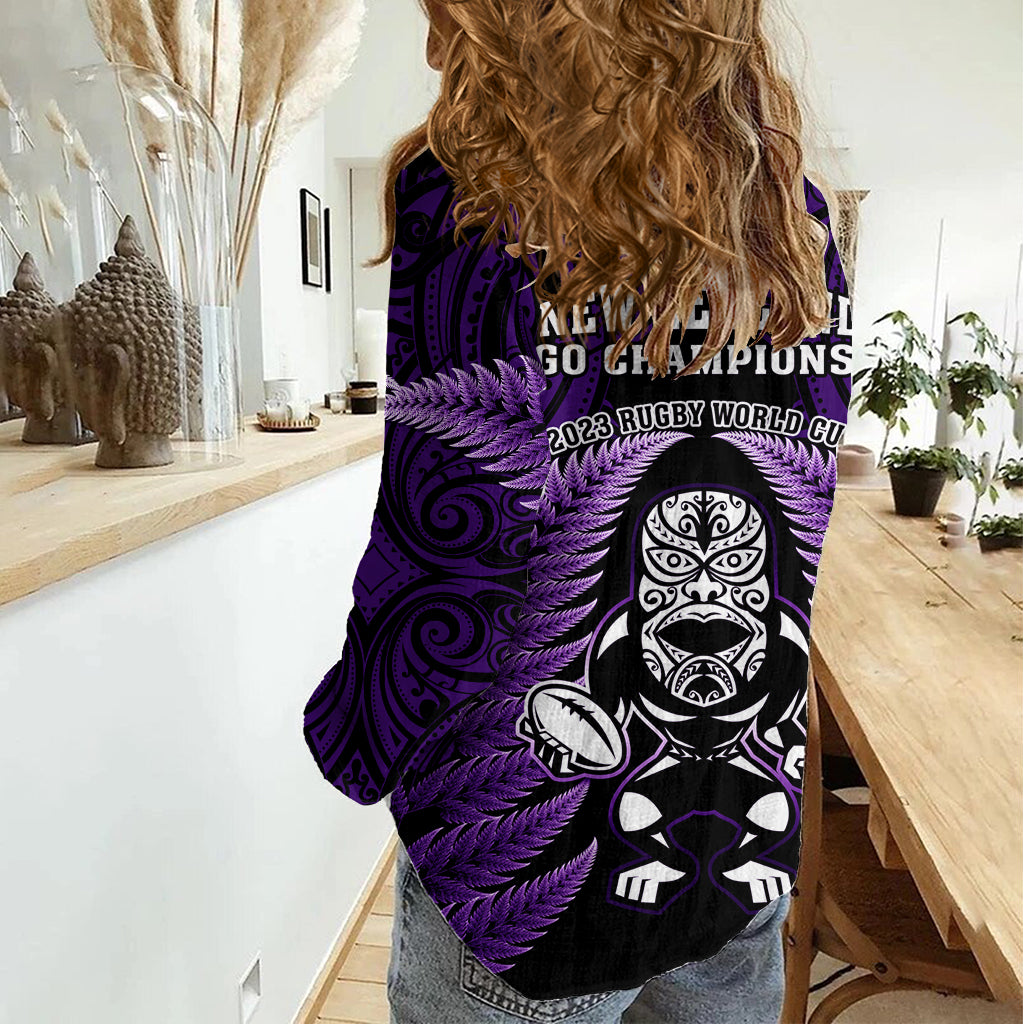 New Zealand Aotearoa Rugby Women Casual Shirt NZ Tiki With Maori Fern World Cup Purple Version LT14