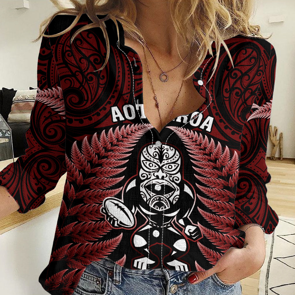New Zealand Aotearoa Rugby Women Casual Shirt NZ Tiki With Maori Fern World Cup Red Version LT14