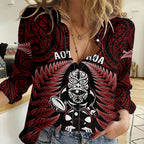 New Zealand Aotearoa Rugby Women Casual Shirt NZ Tiki With Maori Fern World Cup Red Version LT14