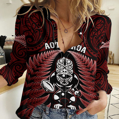 New Zealand Aotearoa Rugby Women Casual Shirt NZ Tiki With Maori Fern World Cup Red Version LT14