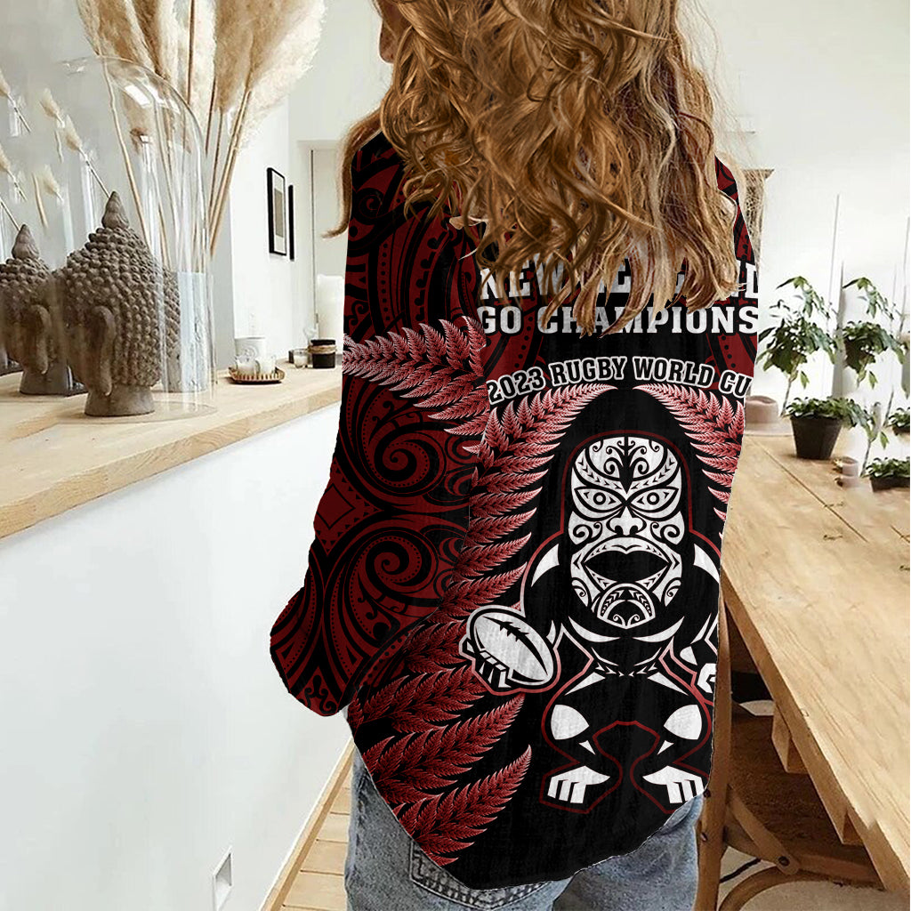 New Zealand Aotearoa Rugby Women Casual Shirt NZ Tiki With Maori Fern World Cup Red Version LT14