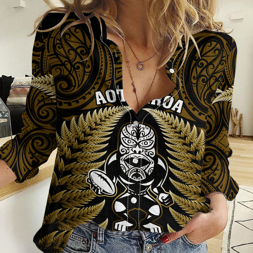 New Zealand Aotearoa Rugby Women Casual Shirt NZ Tiki With Maori Fern World Cup Gold Version LT14