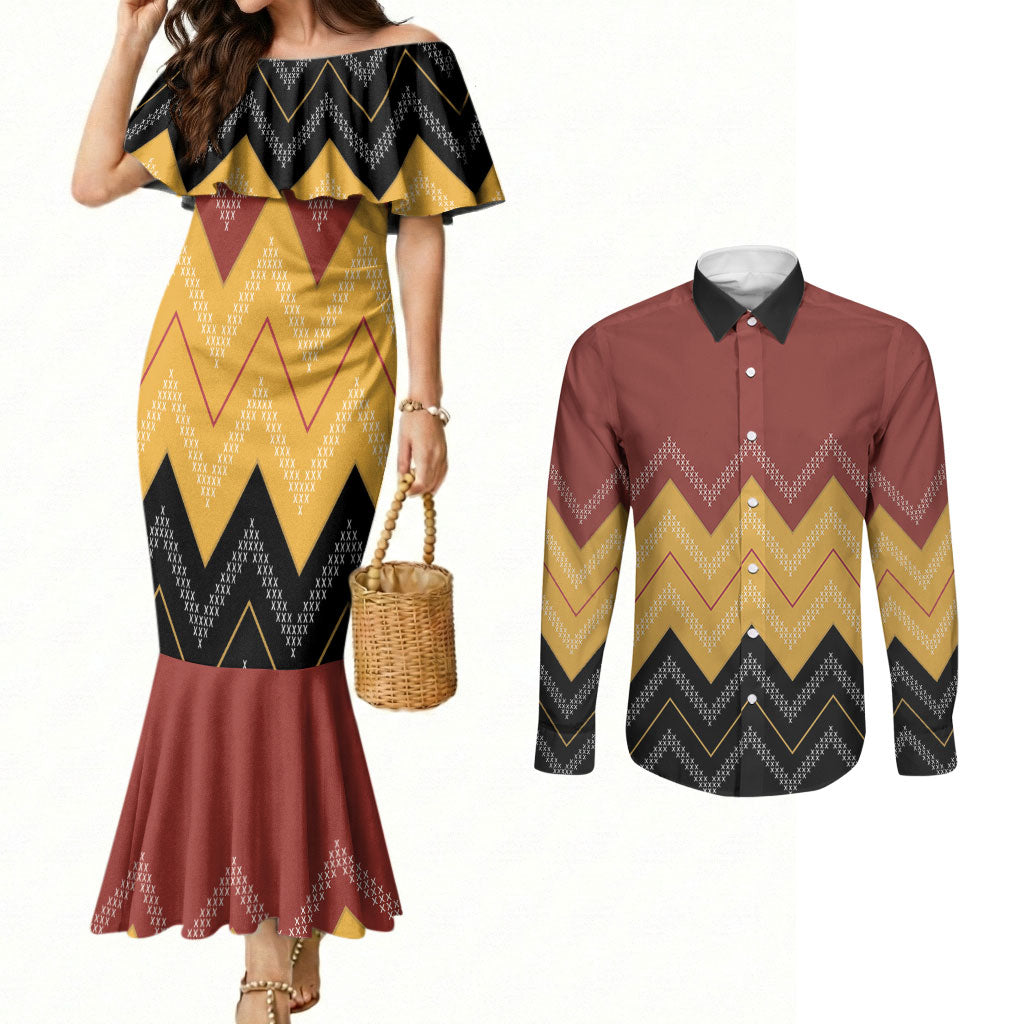Kaokao Maori Tukutuku Inspired New Zealand Couples Matching Mermaid Dress and Long Sleeve Button Shirt