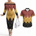Kaokao Maori Tukutuku Inspired New Zealand Couples Matching Off The Shoulder Long Sleeve Dress and Hawaiian Shirt