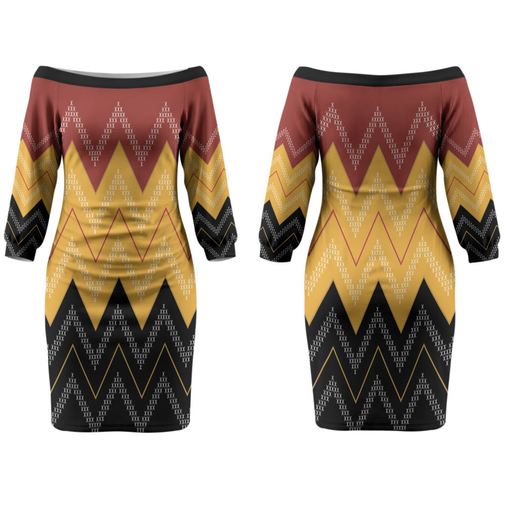 Kaokao Maori Tukutuku Inspired New Zealand Couples Matching Off The Shoulder Long Sleeve Dress and Hawaiian Shirt