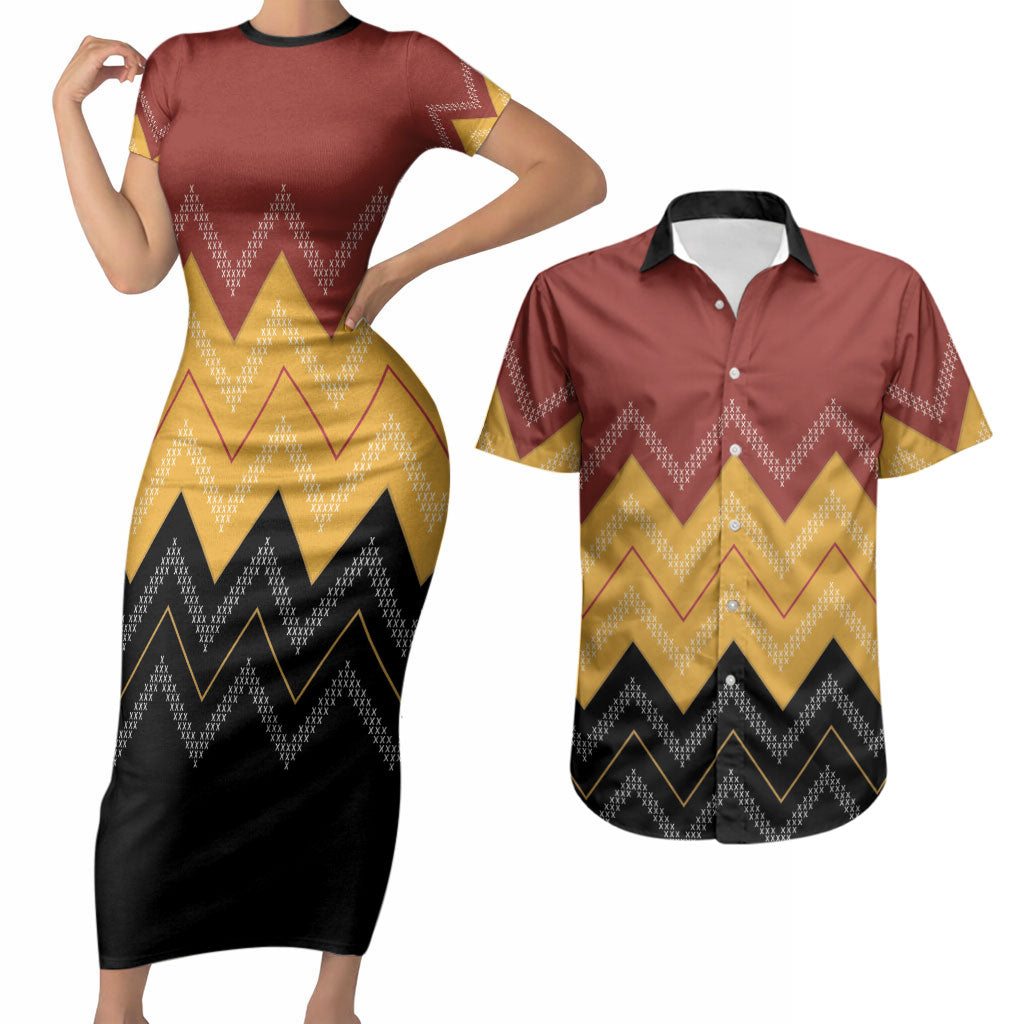 Kaokao Maori Tukutuku Inspired New Zealand Couples Matching Short Sleeve Bodycon Dress and Hawaiian Shirt