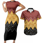 Kaokao Maori Tukutuku Inspired New Zealand Couples Matching Short Sleeve Bodycon Dress and Hawaiian Shirt