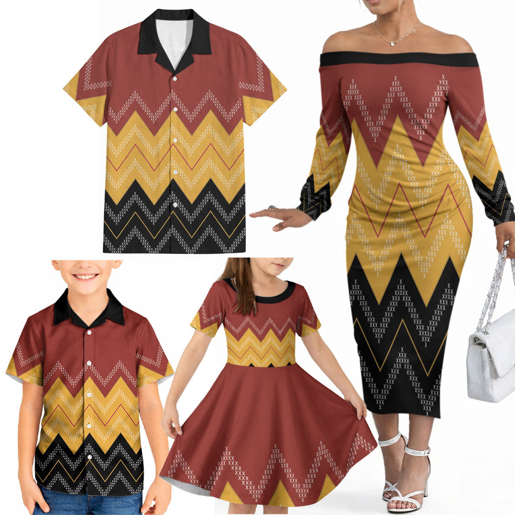 Kaokao Maori Tukutuku Inspired New Zealand Family Matching Off The Shoulder Long Sleeve Dress and Hawaiian Shirt