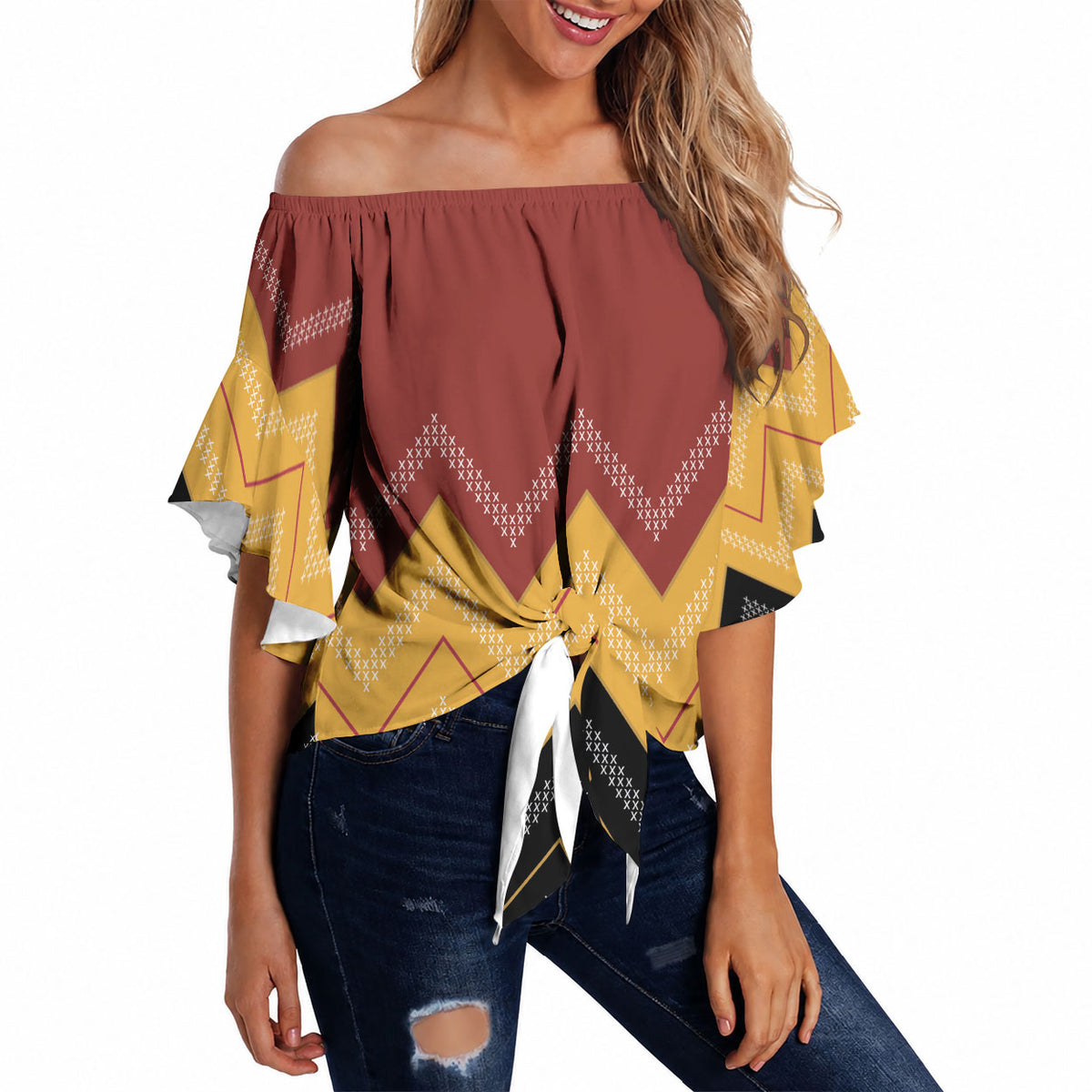 Kaokao Maori Tukutuku Inspired New Zealand Off Shoulder Wrap Waist Top