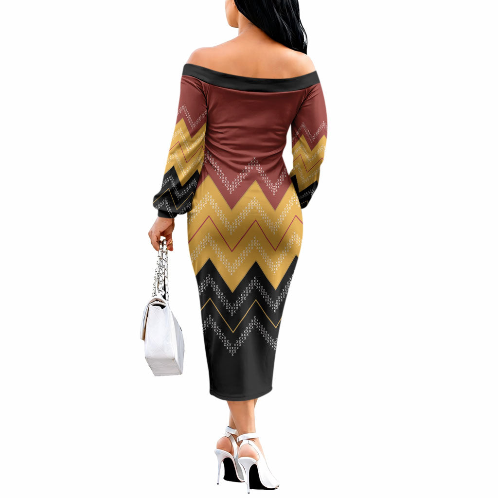 Kaokao Maori Tukutuku Inspired New Zealand Off The Shoulder Long Sleeve Dress