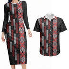 Roimata Toroa Maori Taniko Inspired New Zealand Couples Matching Long Sleeve Bodycon Dress and Hawaiian Shirt