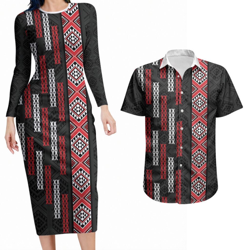 Roimata Toroa Maori Taniko Inspired New Zealand Couples Matching Long Sleeve Bodycon Dress and Hawaiian Shirt