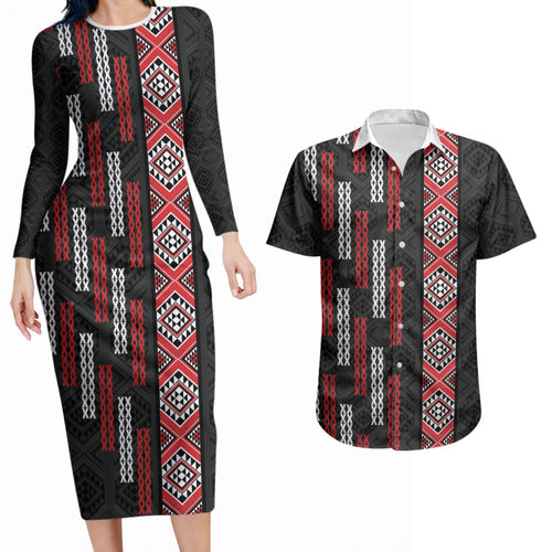 Roimata Toroa Maori Taniko Inspired New Zealand Couples Matching Long Sleeve Bodycon Dress and Hawaiian Shirt
