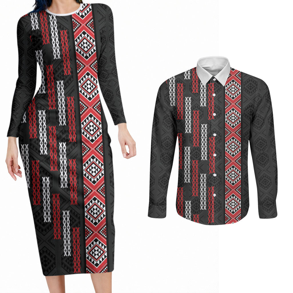 Roimata Toroa Maori Taniko Inspired New Zealand Couples Matching Long Sleeve Bodycon Dress and Long Sleeve Button Shirt