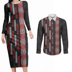 Roimata Toroa Maori Taniko Inspired New Zealand Couples Matching Long Sleeve Bodycon Dress and Long Sleeve Button Shirt