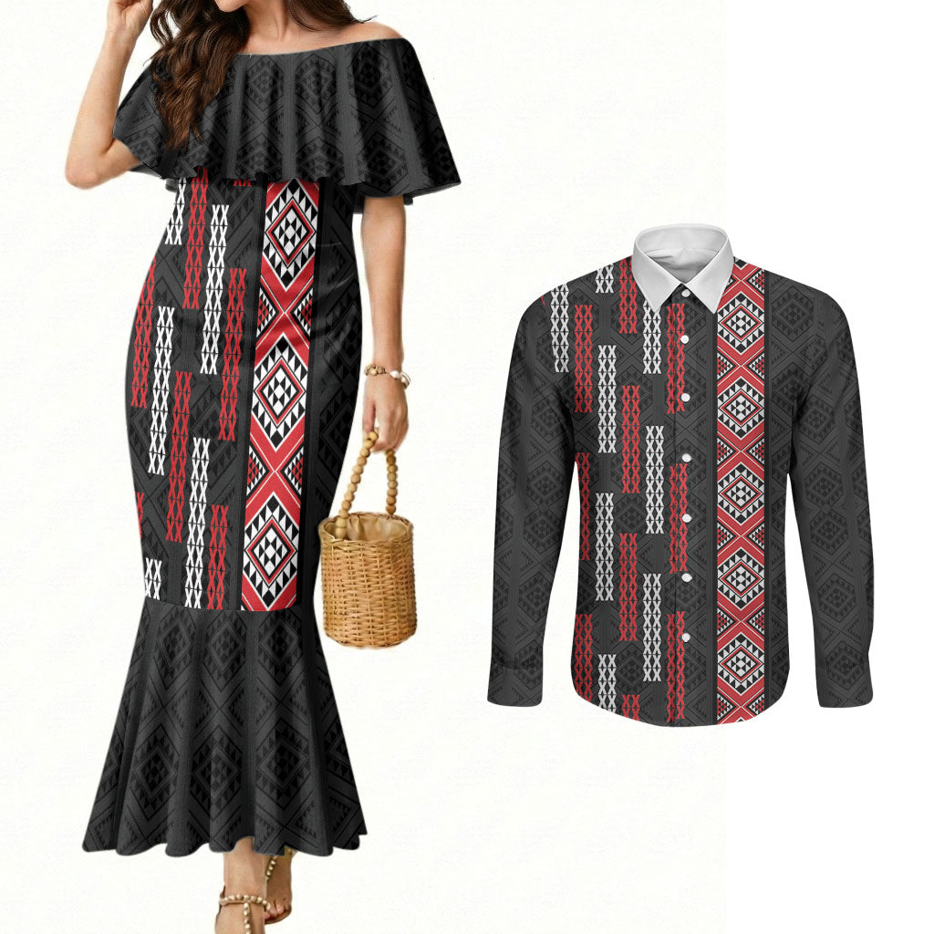 Roimata Toroa Maori Taniko Inspired New Zealand Couples Matching Mermaid Dress and Long Sleeve Button Shirt