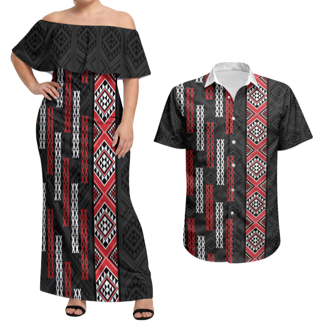 Roimata Toroa Maori Taniko Inspired New Zealand Couples Matching Off Shoulder Maxi Dress and Hawaiian Shirt