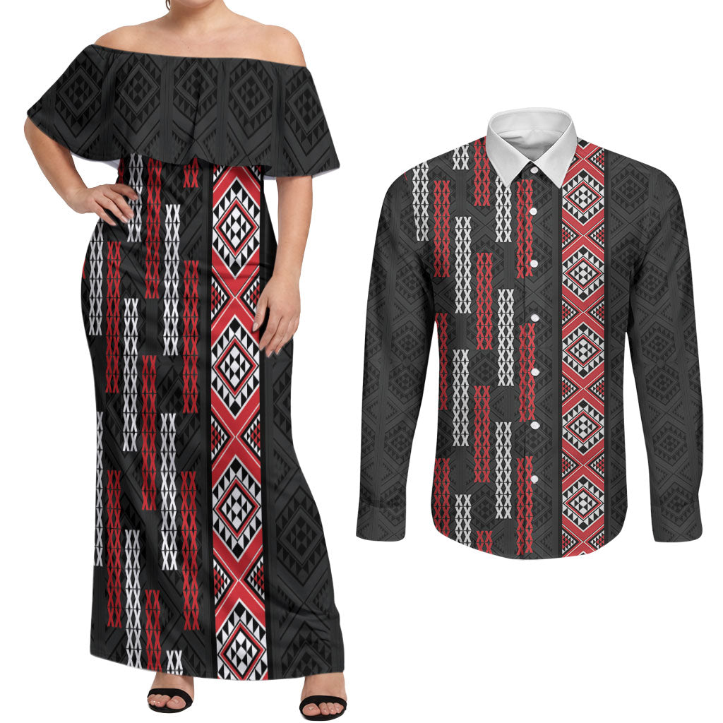 Roimata Toroa Maori Taniko Inspired New Zealand Couples Matching Off Shoulder Maxi Dress and Long Sleeve Button Shirt