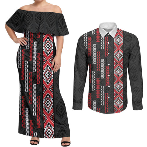 Roimata Toroa Maori Taniko Inspired New Zealand Couples Matching Off Shoulder Maxi Dress and Long Sleeve Button Shirt