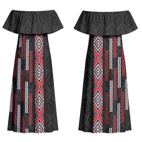 Roimata Toroa Maori Taniko Inspired New Zealand Couples Matching Off Shoulder Maxi Dress and Long Sleeve Button Shirt