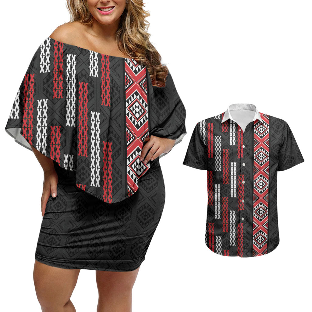 Roimata Toroa Maori Taniko Inspired New Zealand Couples Matching Off Shoulder Short Dress and Hawaiian Shirt
