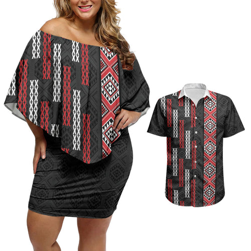Roimata Toroa Maori Taniko Inspired New Zealand Couples Matching Off Shoulder Short Dress and Hawaiian Shirt