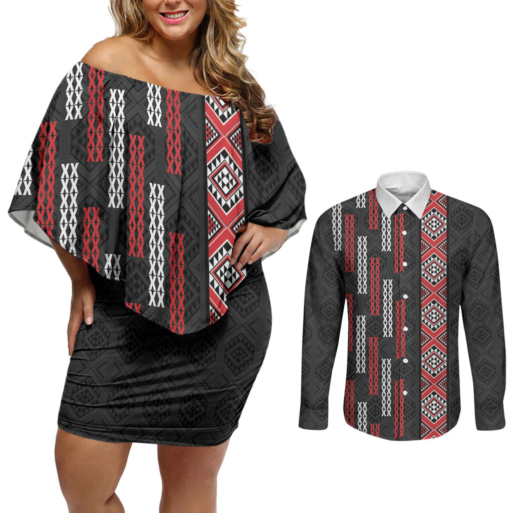 Roimata Toroa Maori Taniko Inspired New Zealand Couples Matching Off Shoulder Short Dress and Long Sleeve Button Shirt