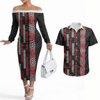 Roimata Toroa Maori Taniko Inspired New Zealand Couples Matching Off The Shoulder Long Sleeve Dress and Hawaiian Shirt
