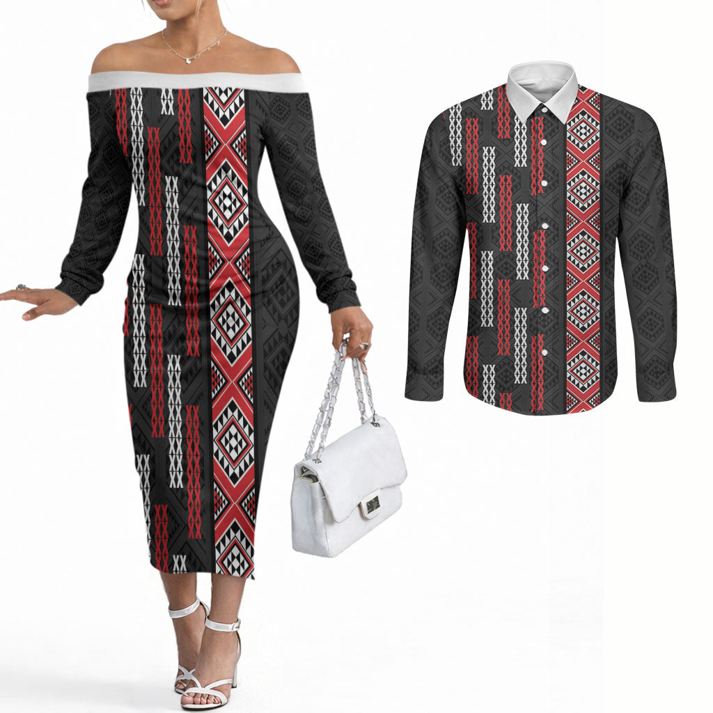 Roimata Toroa Maori Taniko Inspired New Zealand Couples Matching Off The Shoulder Long Sleeve Dress and Long Sleeve Button Shirt