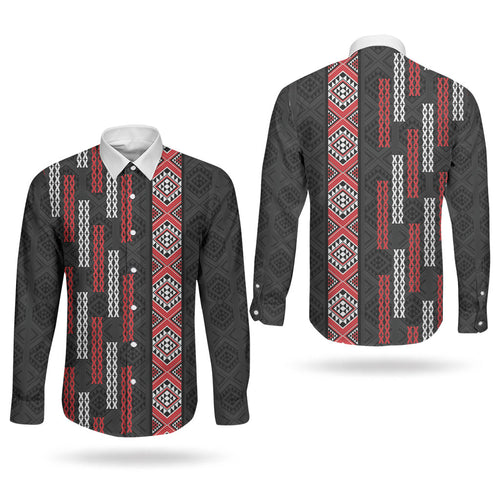 Roimata Toroa Maori Taniko Inspired New Zealand Couples Matching Off The Shoulder Long Sleeve Dress and Long Sleeve Button Shirt