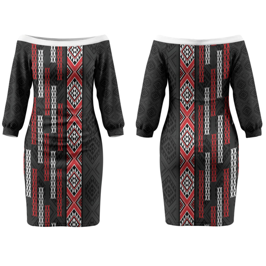 Roimata Toroa Maori Taniko Inspired New Zealand Couples Matching Off The Shoulder Long Sleeve Dress and Long Sleeve Button Shirt