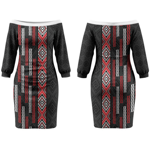 Roimata Toroa Maori Taniko Inspired New Zealand Couples Matching Off The Shoulder Long Sleeve Dress and Long Sleeve Button Shirt