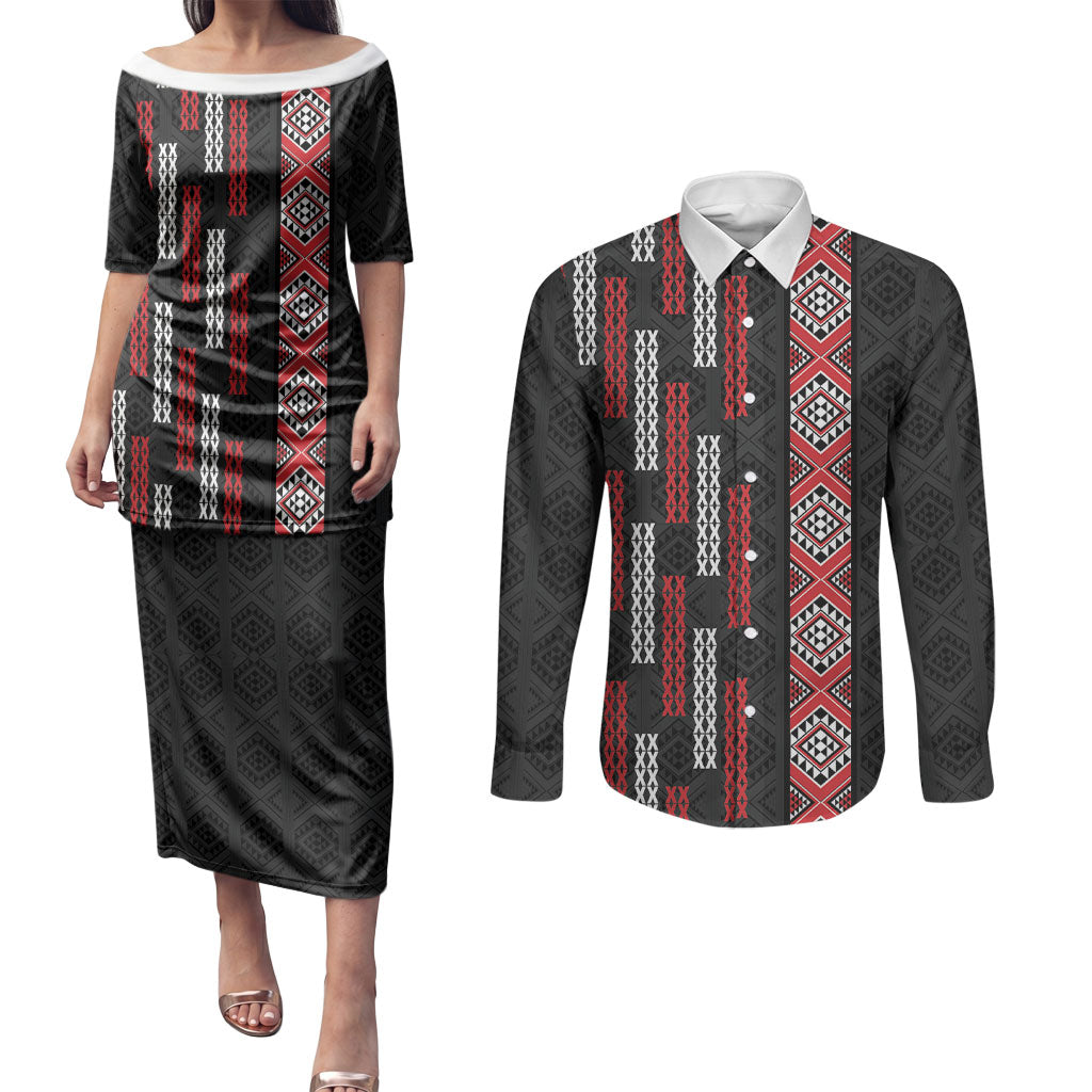 Roimata Toroa Maori Taniko Inspired New Zealand Couples Matching Puletasi and Long Sleeve Button Shirt